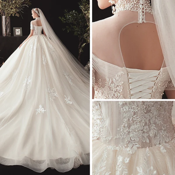 Vintage / Originale Champagne Transparentes Robe De Mariée 2020 Robe Boule Col Haut Manches Courtes Dos Nu Glitter Tulle Appliques En Dentelle Perlage Chapel Train Volants