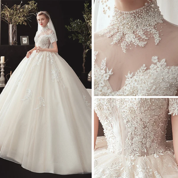 Vintage / Originale Champagne Transparentes Robe De Mariée 2020 Robe Boule Col Haut Manches Courtes Dos Nu Glitter Tulle Appliques En Dentelle Perlage Chapel Train Volants