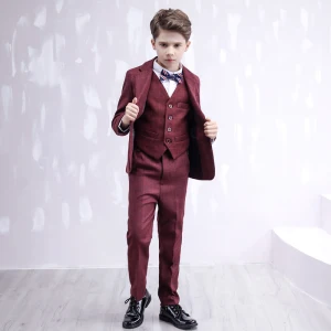 Fashion Long Sleeve Coat Burgundy Checked Boys Wedding Suits 2020