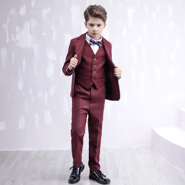 Mode Lange Ärmel Mantel Burgunderrot Kariertes Kinderanzug 2020