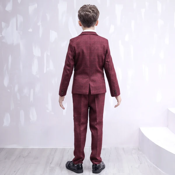 Mode Manches Longues Manteau Bordeaux à carreaux Costumes De Mariage pour garçons 2020
