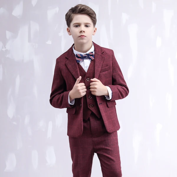 Fashion Long Sleeve Coat Burgundy Checked Boys Wedding Suits 2020