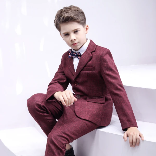 Mode Manches Longues Manteau Bordeaux à carreaux Costumes De Mariage pour garçons 2020