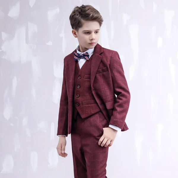 Mode Manches Longues Manteau Bordeaux à carreaux Costumes De Mariage pour garçons 2020