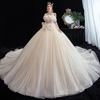 Chic Belle Champagne Robe De Mariée 2020 Robe Boule Titulaire Sans Manches Dos Nu Perlage Glitter Tulle Cathedral Train Volants