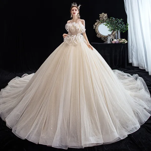 Chic / Beautiful Champagne Wedding Dresses 2020 Ball Gown Halter Sleeveless Backless Beading Glitter Tulle Cathedral Train Ruffle