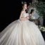 Schöne Champagner Brautkleider / Hochzeitskleider 2020 Ballkleid Neckholder Ärmellos Rückenfreies Perlenstickerei Glanz Tülle Kathedrale Schleppe Rüschen