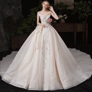 Chic Beautiful Champagne See Through Wedding Dresses 2020 Ball Gown Scoop Neck Sleeveless Backless Appliques Lace Beading Glitter Tulle Cathedral Train Ruffle