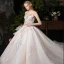 Chic / Belle Champagne Transparentes Robe De Mariée 2020 Robe Boule Encolure Dégagée Sans Manches Dos Nu Appliques En Dentelle Perlage Glitter Tulle Cathedral Train Volants