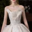 Chic / Belle Champagne Transparentes Robe De Mariée 2020 Robe Boule Encolure Dégagée Sans Manches Dos Nu Appliques En Dentelle Perlage Glitter Tulle Cathedral Train Volants