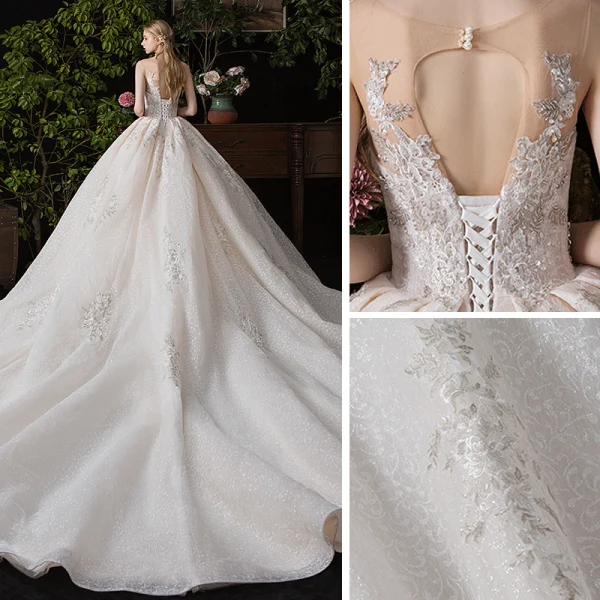 Chic / Belle Champagne Transparentes Robe De Mariée 2020 Robe Boule Encolure Dégagée Sans Manches Dos Nu Appliques En Dentelle Perlage Glitter Tulle Cathedral Train Volants