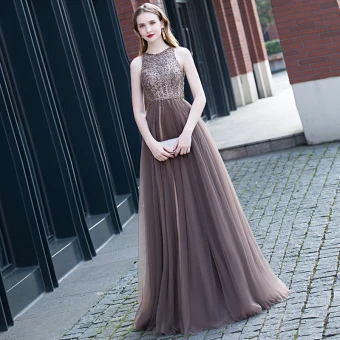 Best Brown Evening Dresses 2020 A Line Princess Scoop Neck Sleeveless Beading Sash Floor Length Long Ruffle Backless Formal Dresses