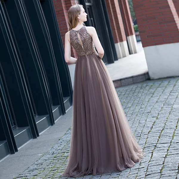 Best Brown Evening Dresses 2020 A-Line / Princess Scoop Neck Sleeveless Beading Sash Floor-Length / Long Ruffle Backless Formal Dresses