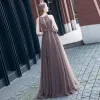Best Brown Evening Dresses  2020 A-Line / Princess Scoop Neck Sleeveless Beading Sash Floor-Length / Long Ruffle Backless Formal Dresses