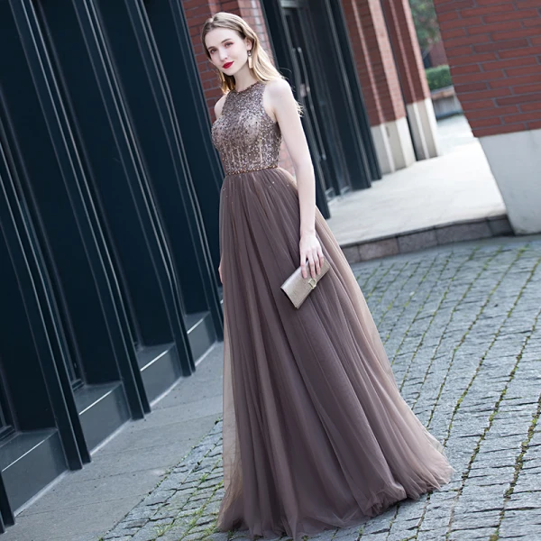 Best Brown Evening Dresses 2020 A-Line / Princess Scoop Neck Sleeveless Beading Sash Floor-Length / Long Ruffle Backless Formal Dresses