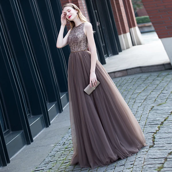 Best Brown Evening Dresses 2020 A-Line / Princess Scoop Neck Sleeveless Beading Sash Floor-Length / Long Ruffle Backless Formal Dresses