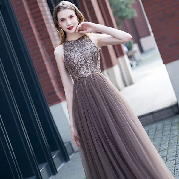 Best Brown Evening Dresses 2020 A-Line / Princess Scoop Neck Sleeveless Beading Sash Floor-Length / Long Ruffle Backless Formal Dresses