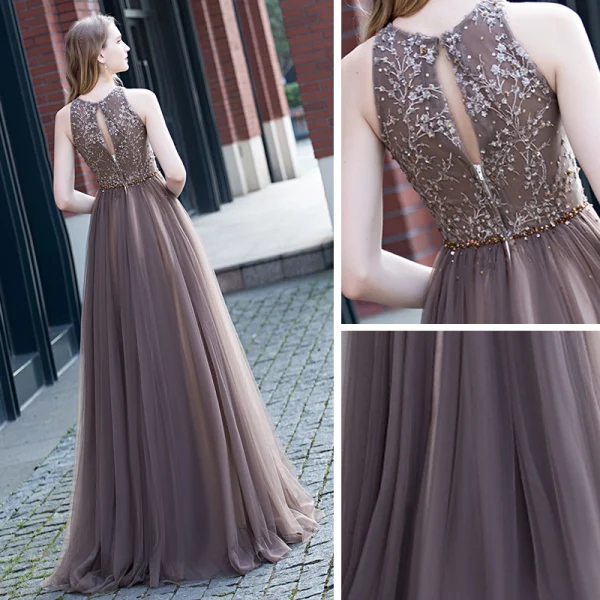 Best Brown Evening Dresses 2020 A-Line / Princess Scoop Neck Sleeveless Beading Sash Floor-Length / Long Ruffle Backless Formal Dresses