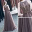 Best Brown Evening Dresses  2020 A-Line / Princess Scoop Neck Sleeveless Beading Sash Floor-Length / Long Ruffle Backless Formal Dresses