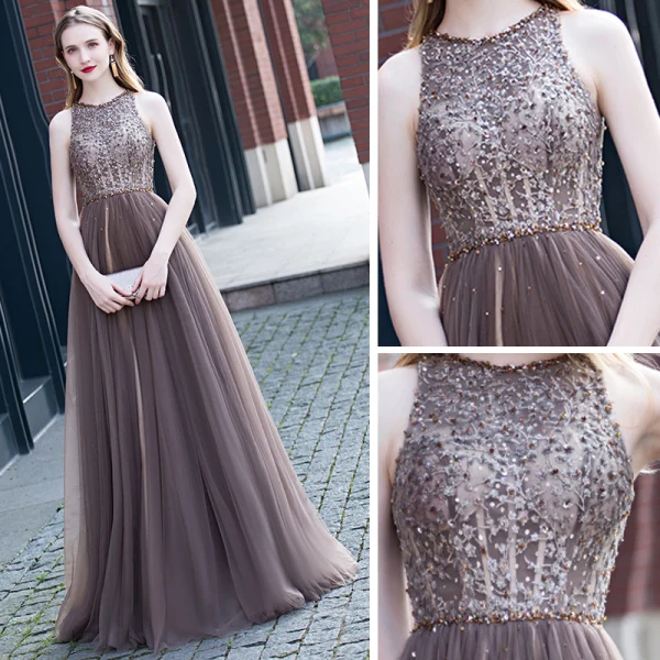 Best Brown Evening Dresses 2020 A-Line / Princess Scoop Neck Sleeveless Beading Sash Floor-Length / Long Ruffle Backless Formal Dresses