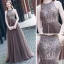 Best Brown Evening Dresses  2020 A-Line / Princess Scoop Neck Sleeveless Beading Sash Floor-Length / Long Ruffle Backless Formal Dresses