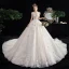 Schöne Ivory / Creme Star Brautkleider / Hochzeitskleider 2020 Ballkleid Durchsichtige Eckiger Ausschnitt Kurze Ärmel Rückenfreies Glanz Tülle Applikationen Spitze Perlenstickerei Kathedrale Schleppe Rüschen