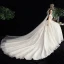 Schöne Ivory / Creme Star Brautkleider / Hochzeitskleider 2020 Ballkleid Durchsichtige Eckiger Ausschnitt Kurze Ärmel Rückenfreies Glanz Tülle Applikationen Spitze Perlenstickerei Kathedrale Schleppe Rüschen
