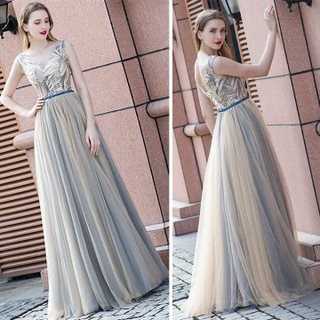 Elegant Champagne Evening Dresses 2020 A Line Princess V Neck Sleeveless Beading Sash Floor Length Long Ruffle Backless Formal Dresses
