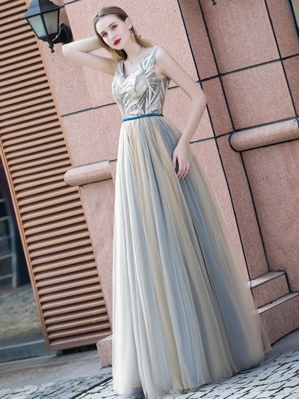 Elegant Champagne Evening Dresses 2020 A-Line / Princess V-Neck Sleeveless Beading Sash Floor-Length / Long Ruffle Backless Formal Dresses