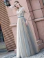 Elegant Champagne Evening Dresses  2020 A-Line / Princess V-Neck Sleeveless Beading Sash Floor-Length / Long Ruffle Backless Formal Dresses