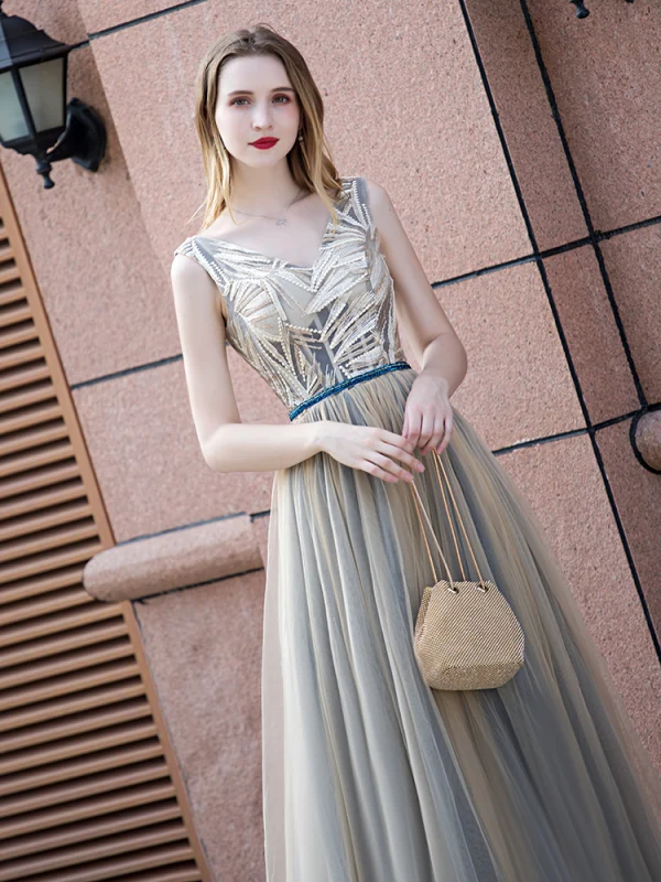 Elegant Champagne Evening Dresses 2020 A-Line / Princess V-Neck Sleeveless Beading Sash Floor-Length / Long Ruffle Backless Formal Dresses