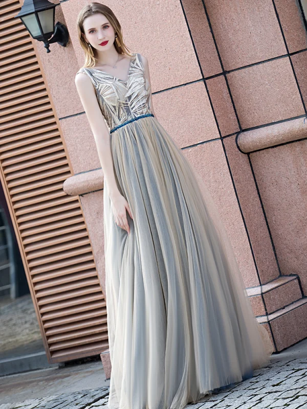 Elegant Champagne Evening Dresses 2020 A-Line / Princess V-Neck Sleeveless Beading Sash Floor-Length / Long Ruffle Backless Formal Dresses