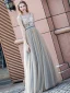 Elegant Champagne Evening Dresses  2020 A-Line / Princess V-Neck Sleeveless Beading Sash Floor-Length / Long Ruffle Backless Formal Dresses