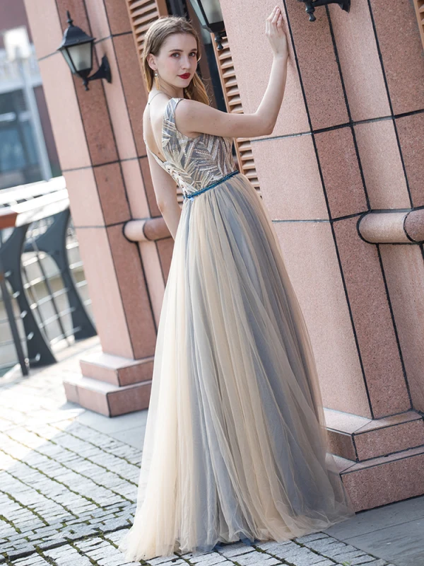 Elegant Champagne Evening Dresses 2020 A-Line / Princess V-Neck Sleeveless Beading Sash Floor-Length / Long Ruffle Backless Formal Dresses