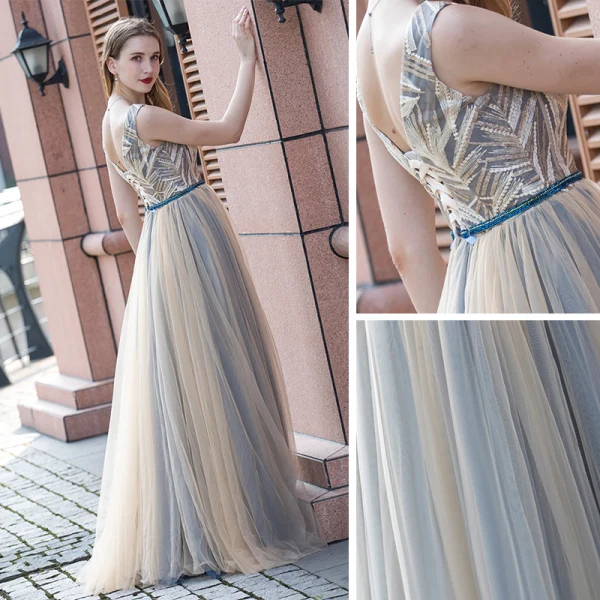 Elegant Champagne Evening Dresses 2020 A-Line / Princess V-Neck Sleeveless Beading Sash Floor-Length / Long Ruffle Backless Formal Dresses