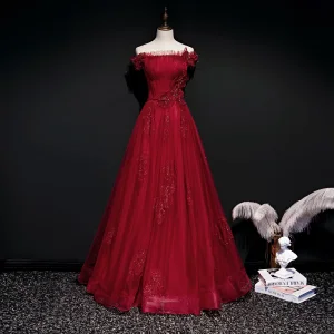 Best Red Evening Dresses 2020 A Line Princess Off The Shoulder Short Sleeve Appliques Lace Beading Glitter Tulle Sash Floor Length Long Ruffle Backless Formal Dresses