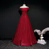Best Red Evening Dresses  2020 A-Line / Princess Off-The-Shoulder Short Sleeve Appliques Lace Beading Glitter Tulle Sash Floor-Length / Long Ruffle Backless Formal Dresses