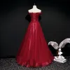 Best Red Evening Dresses  2020 A-Line / Princess Off-The-Shoulder Short Sleeve Appliques Lace Beading Glitter Tulle Sash Floor-Length / Long Ruffle Backless Formal Dresses
