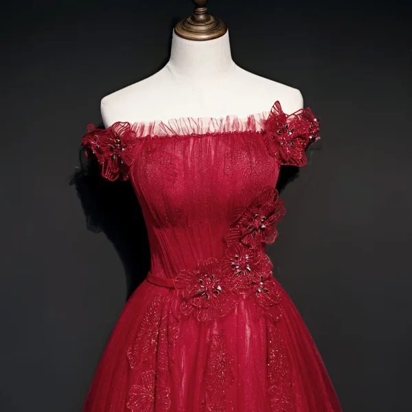 Best Red Evening Dresses  2020 A-Line / Princess Off-The-Shoulder Short Sleeve Appliques Lace Beading Glitter Tulle Sash Floor-Length / Long Ruffle Backless Formal Dresses