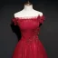 Best Red Evening Dresses  2020 A-Line / Princess Off-The-Shoulder Short Sleeve Appliques Lace Beading Glitter Tulle Sash Floor-Length / Long Ruffle Backless Formal Dresses