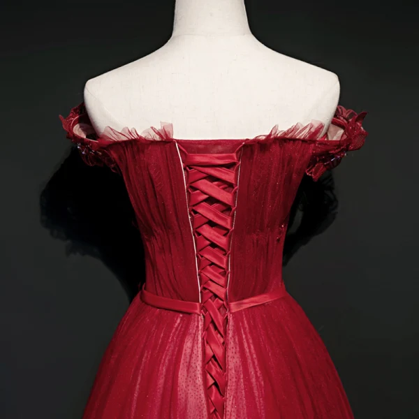 Best Red Evening Dresses  2020 A-Line / Princess Off-The-Shoulder Short Sleeve Appliques Lace Beading Glitter Tulle Sash Floor-Length / Long Ruffle Backless Formal Dresses