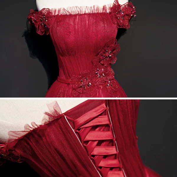 Best Red Evening Dresses  2020 A-Line / Princess Off-The-Shoulder Short Sleeve Appliques Lace Beading Glitter Tulle Sash Floor-Length / Long Ruffle Backless Formal Dresses