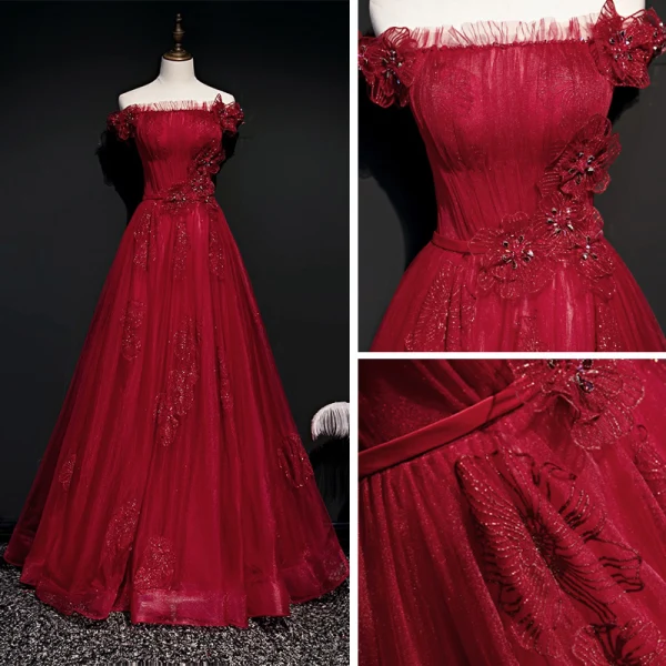 Best Red Evening Dresses  2020 A-Line / Princess Off-The-Shoulder Short Sleeve Appliques Lace Beading Glitter Tulle Sash Floor-Length / Long Ruffle Backless Formal Dresses