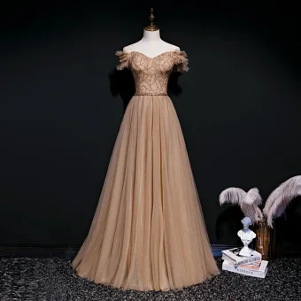 Best Brown Evening Dresses 2020 A Line Princess Off The Shoulder Short Sleeve Beading Sash Floor Length Long Ruffle Backless Formal Dresses