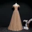 Beste Braun Abendkleider 2020 A Linie Off Shoulder Kurze Ärmel Perlenstickerei Stoffgürtel Lange Rüschen Rückenfreies Festliche Kleider