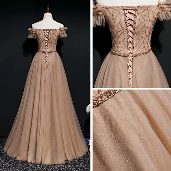 Beste Braun Abendkleider 2020 A Linie Off Shoulder Kurze Ärmel Perlenstickerei Stoffgürtel Lange Rüschen Rückenfreies Festliche Kleider