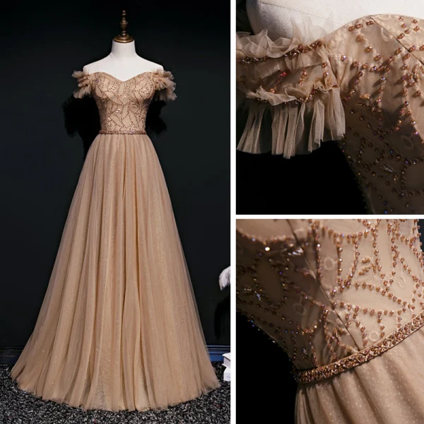 Beste Braun Abendkleider 2020 A Linie Off Shoulder Kurze Ärmel Perlenstickerei Stoffgürtel Lange Rüschen Rückenfreies Festliche Kleider