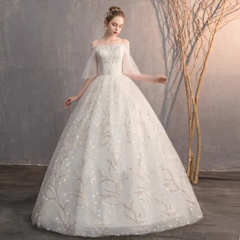 Abordable Ivoire Robe De Mariée 2019 Robe Boule De L 039 Épaule 1 2 Manches Dos Nu Appliques En Dentelle Paillettes Longue