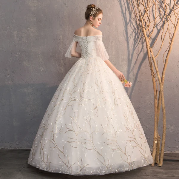 Affordable Ivory Wedding Dresses 2019 Ball Gown Off-The-Shoulder 1/2 Sleeves Backless Appliques Lace Sequins Floor-Length / Long