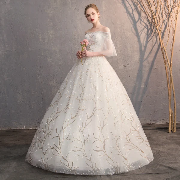 Affordable Ivory Wedding Dresses 2019 Ball Gown Off-The-Shoulder 1/2 Sleeves Backless Appliques Lace Sequins Floor-Length / Long